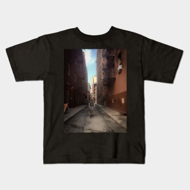 Biker in Tribeca, Manhattan, New York City Kids T-Shirt by eleonoraingrid